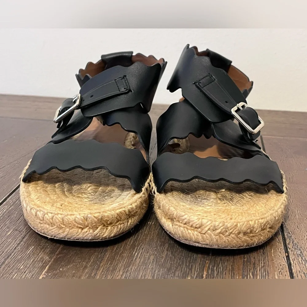 Chloe Lauren Scalloped Black Leather Espadrilles size 37 Women’s size 7